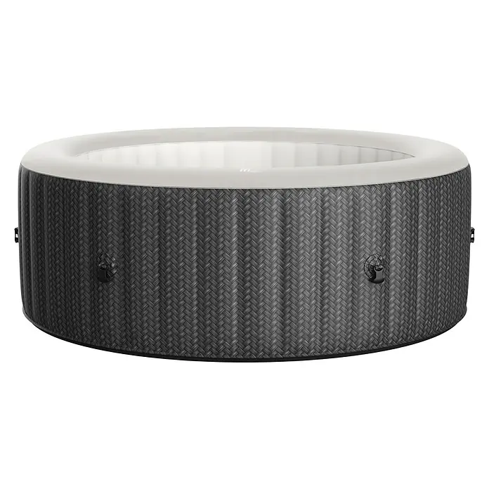 MSpa Hidromasaje móvil Treviso - Ø x Al: 204 x 70 cm, Gris, 930 l - Imagen de un jacuzzi redondo hinchable con un diseño de mimbre gris y un borde blanco para relajarse en el jardín o en el patio.