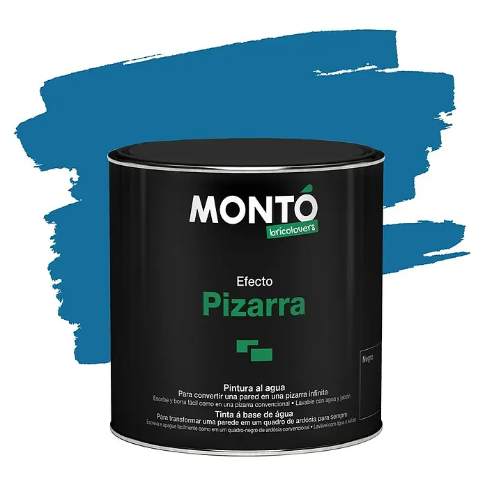 Pintura para efectos decorativos Pizarra - Azul, 500 ml - Pintura de pizarra negra "Monto Bricolovers" para paredes, transformándolas en superficies donde se puede escribir y limpiar.
