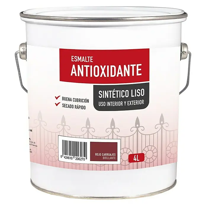 Esmalte de color sintético antioxidante - Rojo carruaje, Brillante, 4 l, Base disolvente - Bote de 4L de esmalte antioxidante "Rojo Carruajes Brillante" para uso interior y exterior. Secado rápido y buena cubrición.