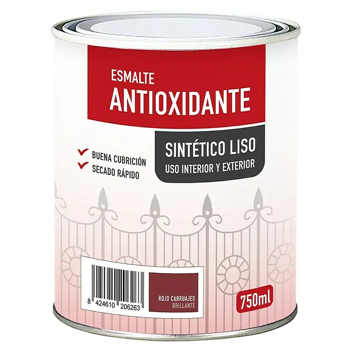 Esmalte de color sintético antioxidante - Rojo carruaje, Brillante, 750 ml, Base disolvente - Bote de esmalte antioxidante rojo brillante para interior y exterior, 750 ml. Buena cubrición y secado rápido.