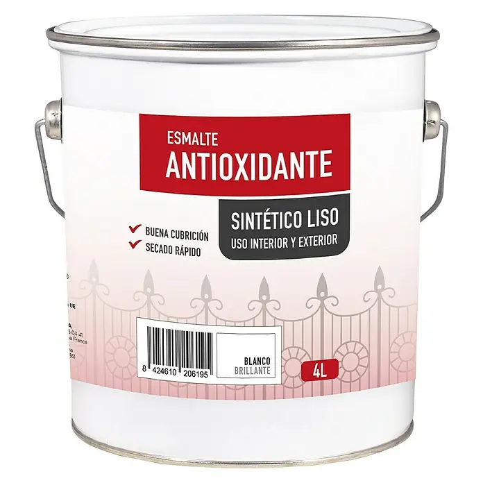 Esmalte de color sintético antioxidante - Blanco, Brillante, 4 l, Base disolvente - Bote de 4L de esmalte antioxidante sintético blanco brillante para interior y exterior, con buena cubrición y secado rápido.