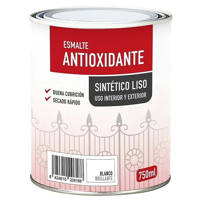 Esmalte de color sintético antioxidante - Blanco, Brillante, 750 ml, Base disolvente - Imagen de una lata de pintura de esmalte antioxidante, blanco brillante, para uso interior y exterior, con 750 ml de contenido.