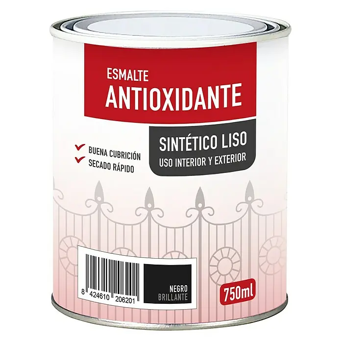 Esmalte de color sintético antioxidante - Negro, Brillante, 750 ml, Base disolvente - Bote de pintura antioxidante negra brillante (750ml) para uso interior y exterior. Esmalte sintético con buena cubrición y secado rápido.