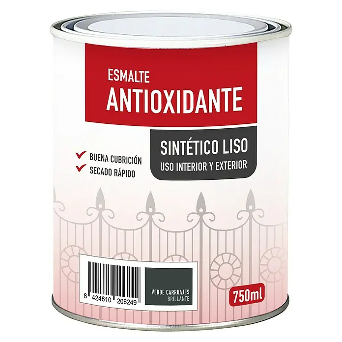 Esmalte de color sintético antioxidante - Verde carruaje, Brillante, 750 ml, Base disolvente - Imagen de una lata de pintura antioxidante. La lata es blanca con una etiqueta roja que contiene el nombre del producto y el color.