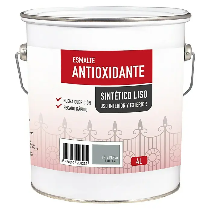 Esmalte de color sintético antioxidante - Gris perla, Brillante, 4 l, Base disolvente - Bote de 4L de esmalte sintético antioxidante gris perla brillante para uso en interiores y exteriores.