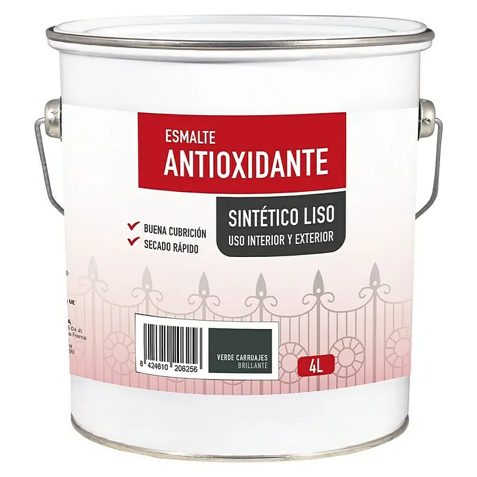 Esmalte de color sintético antioxidante - Verde carruaje, Brillante, 4 l, Base disolvente - Bote de pintura sintética antioxidante, lisa y verde para uso interior y exterior.