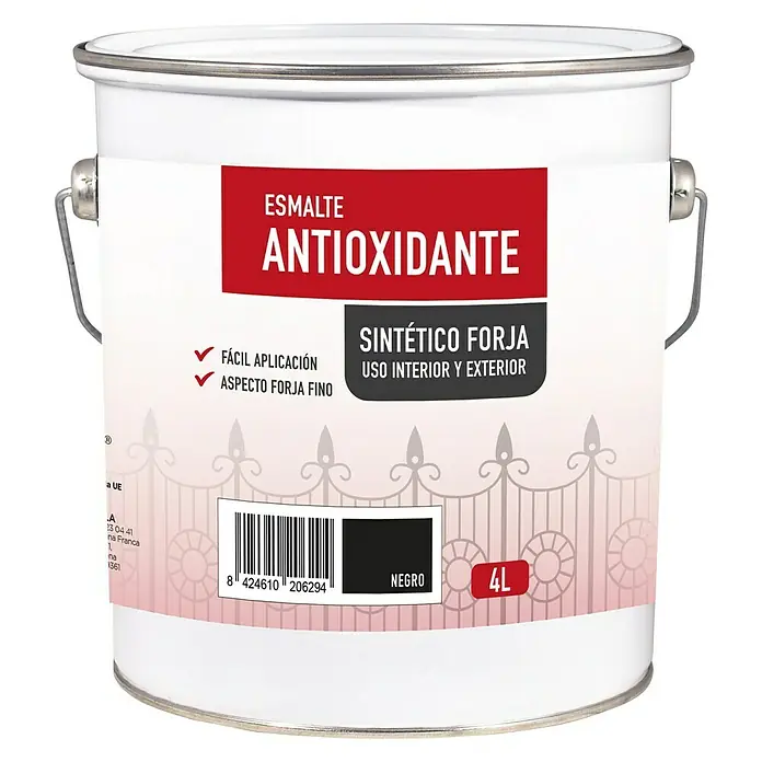 Esmalte de color sintético antioxidante - Negro, 4 l, Base disolvente - Bote de pintura antioxidante negra, apta para interiores y exteriores, con capacidad de 4L.