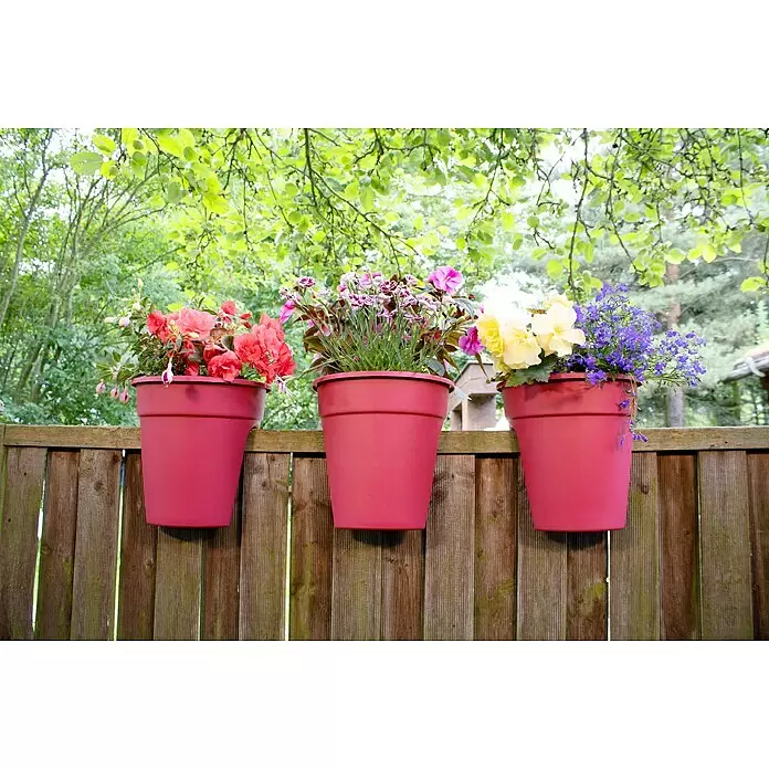 KHW Geländertopf Flowerclip - Außenmaß (Ø x H): 27 x 27,5 cm, Kunststoff, Beere - Drei fuchsiafarbene Hängepflanzgefäße an einem Holzzaun, gefüllt mit bunten Blumen.