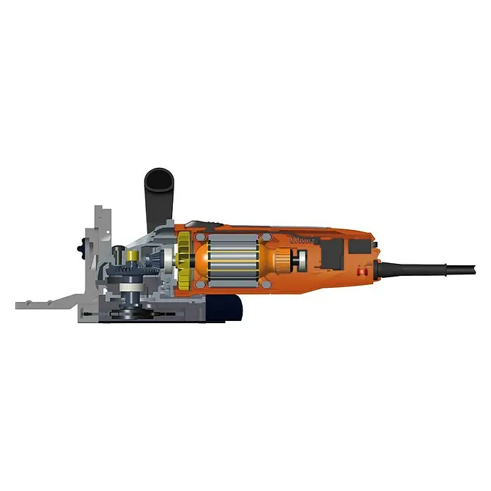 Toolson Flachdübelfräse PRO-DF 860 - 860 W, Frästiefe: 14 mm - Illustration eines Mauernutfräse mit sichtbarem Innenleben, zeigt die Anordnung von Motor, Getriebe und Fräskopf.