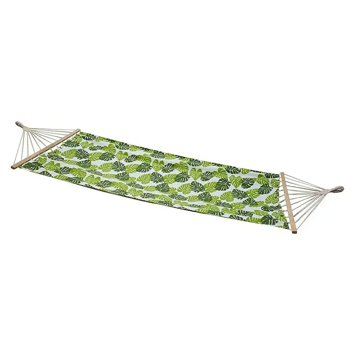 Conacord Stabhängematte Sorrento - L x B: 250 x 100 cm, Monstera - Eine Hängematte mit einem grünen Blätterdruck ist auf einem schwarzen Hintergrund zu sehen. Ideal für entspannte Stunden im Garten oder auf der Terrasse.