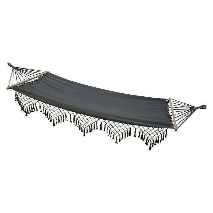 Conacord Hängematte Galaxy - Dunkelgrau, Mit Holzstab, Länge: 320 mm - Elegante, graue Hängematte mit dekorativen Fransen und Holzspreizstab, ideal zum Entspannen im Garten oder auf der Terrasse.