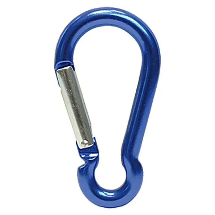 Karabinerhaken - Durchmesser: 5 mm, Länge: 50 mm, Aluminium - Blaues Karabinerhaken-Accessoire mit silberfarbenem Verschluss. Ideal zum Sichern und Tragen von Gegenständen.