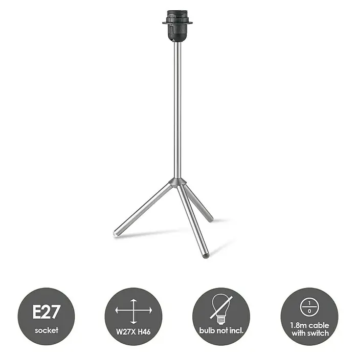 Home Sweet Home Karma Lampenfuß - 60 W, Höhe: 46 cm, Stahl matt, Stahl, E27 - Stehlampe mit Stativfuß und E27-Fassung, ohne Leuchtmittel, mit 1,8 m Kabel und Schalter. Ideal für stilvolle Beleuchtung im Raum.