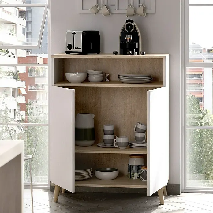 Dekit Aparador buffet Wok - L x An x Al: 40 x 80 x 102 cm, Blanco/Natural, Número de puertas: 2 ud. - Un elegante armario de cocina en blanco y aspecto de madera con vajilla, tostadora y cafetera, ideal para cocinas modernas.