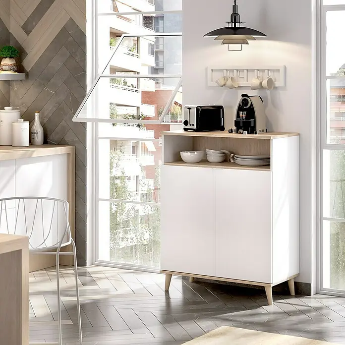 Dekit Aparador buffet Wok - L x An x Al: 40 x 80 x 102 cm, Blanco/Natural, Número de puertas: 2 ud. - Aparador moderno en blanco y aspecto de madera con espacio para tostadora y cafetera, ideal para cocina o comedor.