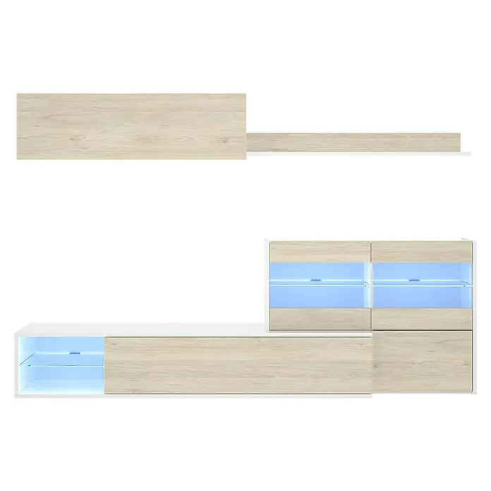 Dekit Conjunto mueble de salón Uma - Blanco Brillo/Natural, 3 pzs. - Mueble moderno para centro multimedia con frentes de aspecto de madera e iluminación LED integrada para un ambiente elegante.