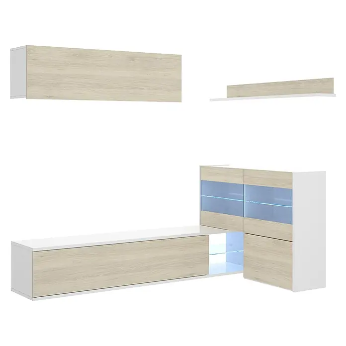 Dekit Conjunto mueble de salón Uma - Blanco Brillo/Natural, 3 pzs. - Conjunto de muebles de salón en blanco y aspecto madera con elementos colgantes y vitrinas iluminadas para un ambiente moderno.