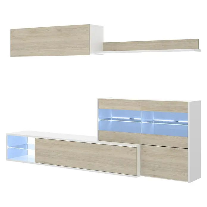 Dekit Conjunto mueble de salón Uma - Blanco Brillo/Natural, 3 pzs. - Mueble de pared moderno en blanco y aspecto de madera. El mueble de pared ofrece mucho espacio de almacenamiento y tiene iluminación LED integrada.