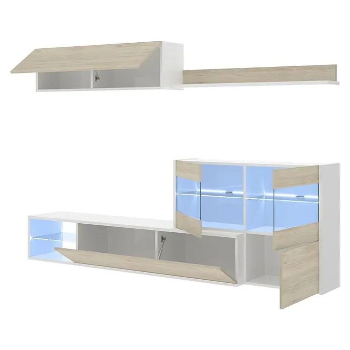 Dekit Conjunto mueble de salón Uma - Blanco Brillo/Natural, 3 pzs. - Moderna combinación de muebles de pared blancos y efecto madera con compartimentos abiertos y cerrados, ideal para un salón elegante.