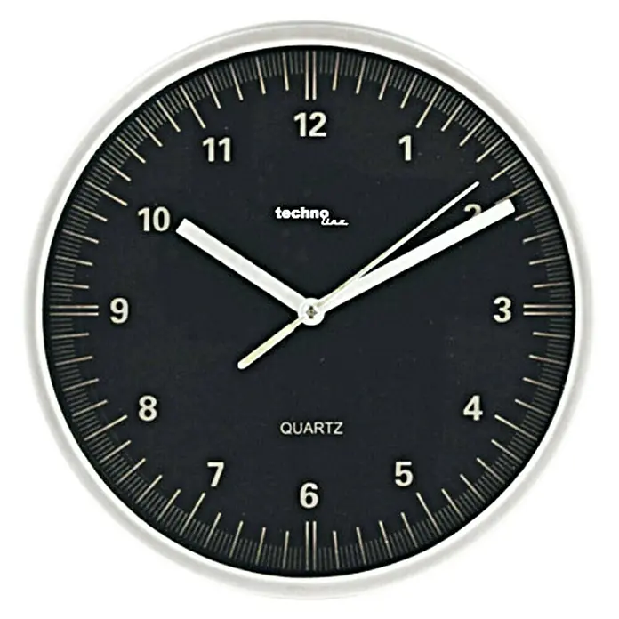Wanduhr - Durchmesser: 25 cm, Weiß - Eine runde Technoline Quarzuhr mit schwarzem Zifferblatt und silbernem Rahmen, die die Zeit 10:11 anzeigt.