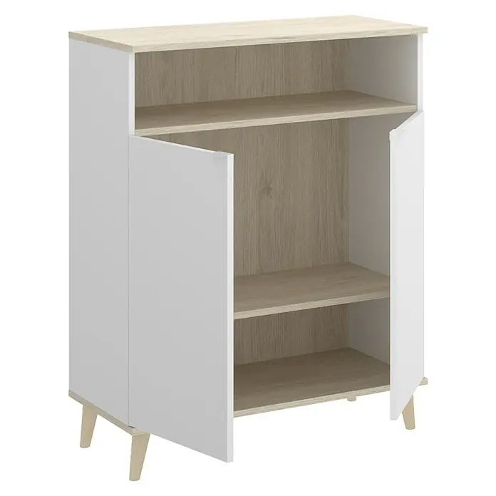 Dekit Aparador buffet Wok - L x An x Al: 40 x 80 x 102 cm, Blanco/Natural, Número de puertas: 2 ud. - Un armario blanco con dos estantes y puertas abiertas, que ofrece una solución de almacenamiento práctica y elegante.