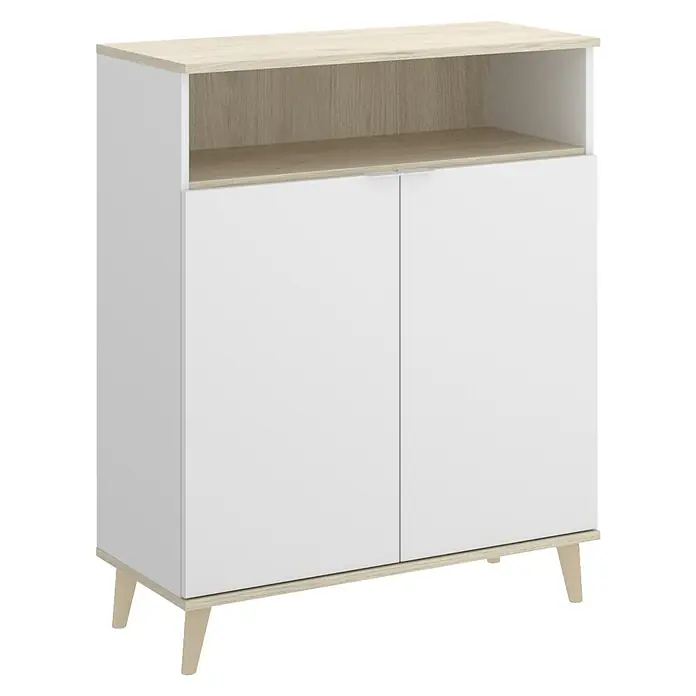 Dekit Aparador buffet Wok - L x An x Al: 40 x 80 x 102 cm, Blanco/Natural, Número de puertas: 2 ud. - Armario de dos puertas, blanco y marrón claro, con compartimento abierto arriba y patas, diseño moderno para salón o comedor.
