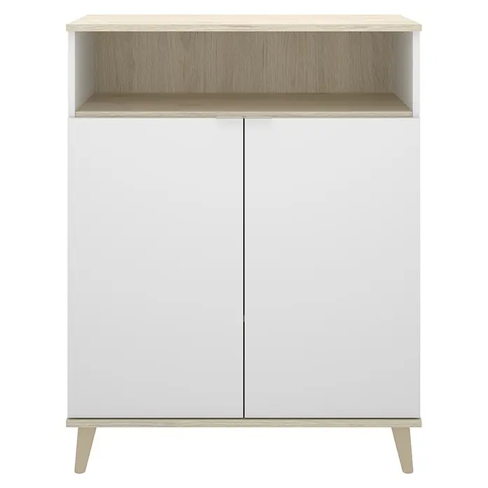 Dekit Aparador buffet Wok - L x An x Al: 40 x 80 x 102 cm, Blanco/Natural, Número de puertas: 2 ud. - Esta imagen muestra un armario blanco con dos puertas y un estante de madera clara en la parte superior, ideal para guardar cosas.