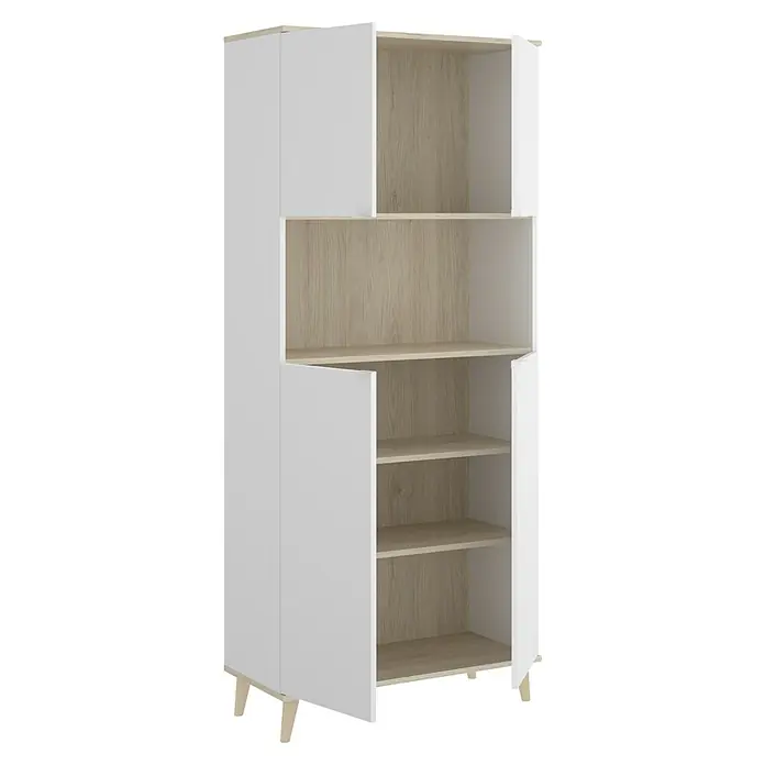 Dekit Aparador buffet Wok - L x An x Al: 40 x 80 x 191 cm, Blanco/Natural, Número de puertas: 4 ud. - Un espacioso armario blanco con estantes abiertos y detalles de madera, perfecto para espacios modernos y que ofrece un amplio espacio de almacenamiento.