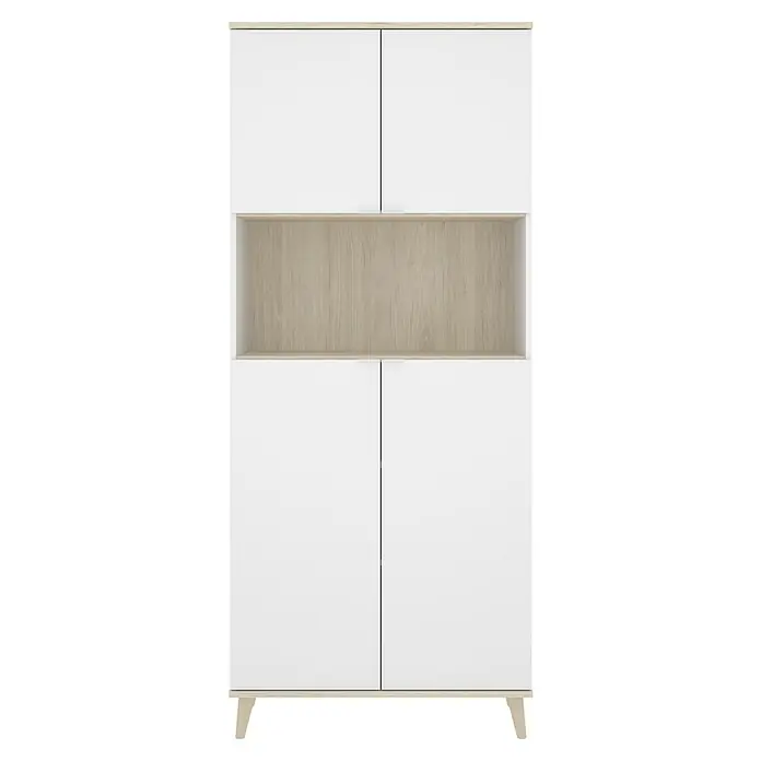 Dekit Aparador buffet Wok - L x An x Al: 40 x 80 x 191 cm, Blanco/Natural, Número de puertas: 4 ud. - Librería blanca moderna con compartimento abierto marrón claro en el centro, ideal para salones y dormitorios.