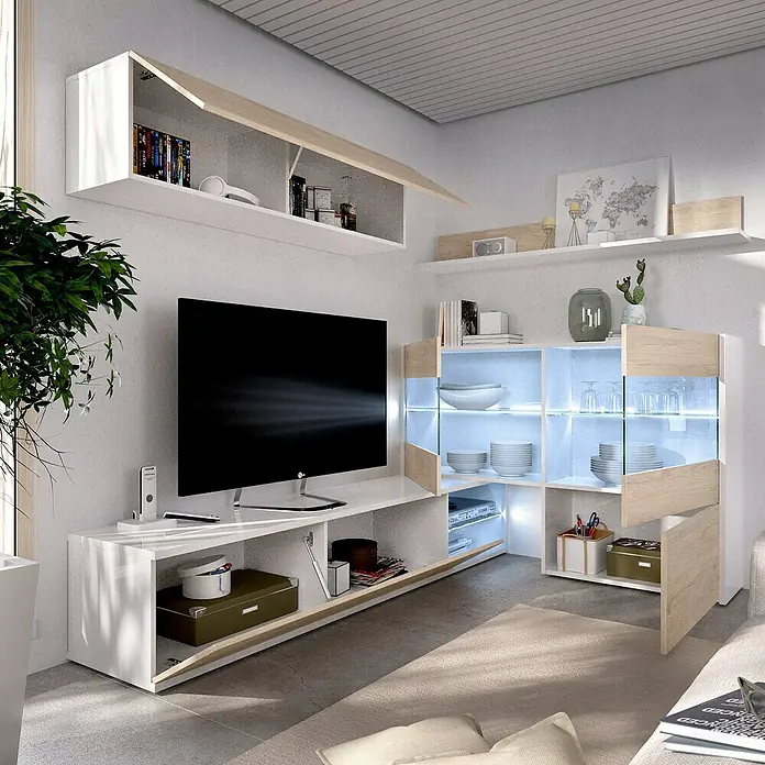Dekit Conjunto mueble de salón Uma - Blanco Brillo/Natural, 3 pzs. - Moderno centro de entretenimiento para sala de estar con gabinetes blancos y marrón claro, que ofrece almacenamiento elegante.