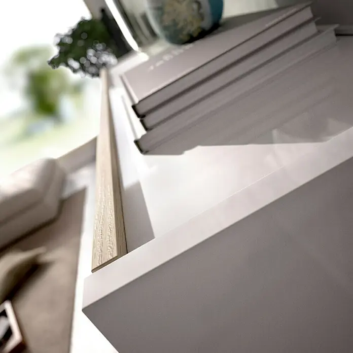 Dekit Conjunto mueble de salón Uma - Blanco Brillo/Natural, 3 pzs. - Primer plano de libros sobre una elegante estantería blanca con detalles de madera, que muestra diseño moderno y funcionalidad.