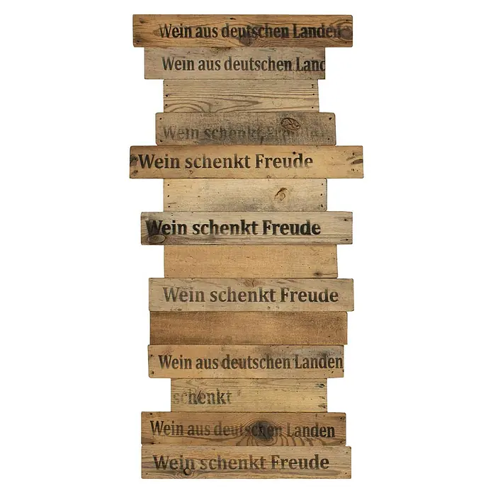 Wodewa Holzriemchen Weinkisten-Design - 480 x 80 mm, Stärke: 6 mm - 7 mm, 16 Stk., 0,5 m² - Rustikale Holztafel mit den Aufschriften "Wein aus deutschen Landen" und "Wein schenkt Freude", ideal für Weinliebhaber.