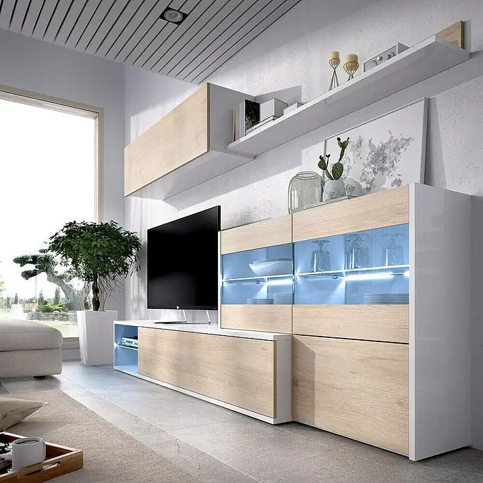 Dekit Conjunto mueble de salón Uma - Blanco Brillo/Natural, 3 pzs. - Mueble de pared moderno para salón con aspecto de madera, detalles blancos e iluminación integrada. Perfecto para un ambiente elegante con amplio espacio.