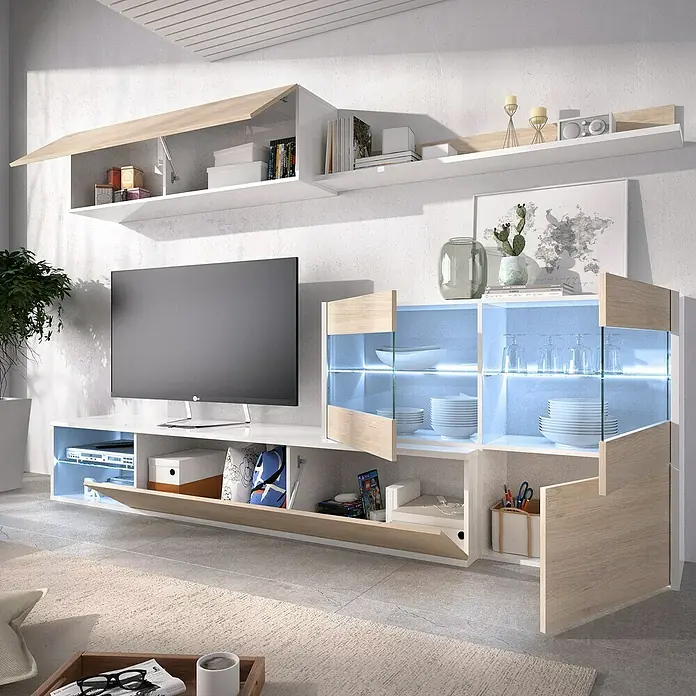Dekit Conjunto mueble de salón Uma - Blanco Brillo/Natural, 3 pzs. - Moderno conjunto de muebles de salón con mueble de TV, estanterías y vitrinas en blanco y aspecto de madera para entretenimiento y almacenamiento.