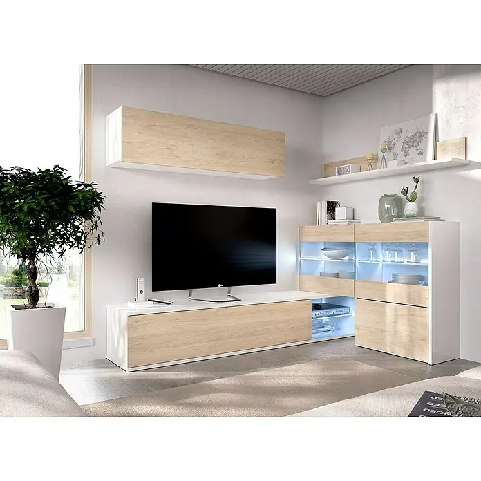 Dekit Conjunto mueble de salón Uma - Blanco Brillo/Natural, 3 pzs. - Un conjunto moderno de salón con muebles de TV con aspecto de madera y detalles blancos, que combina diseño elegante y funcionalidad.
