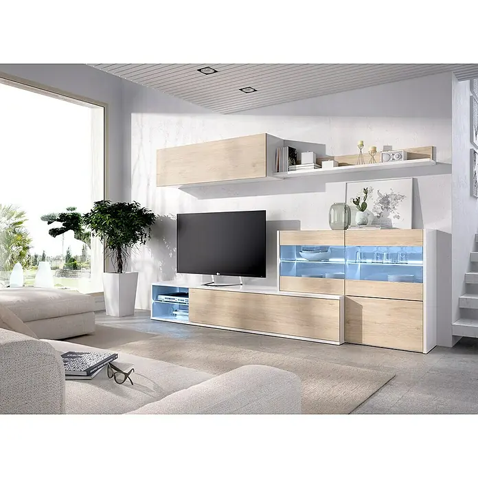 Dekit Conjunto mueble de salón Uma - Blanco Brillo/Natural, 3 pzs. - Salón moderno con mueble bajo y armarios de pared en aspecto de madera y blanco, incluyendo TV, decoraciones y planta de interior para un ambiente acogedor.