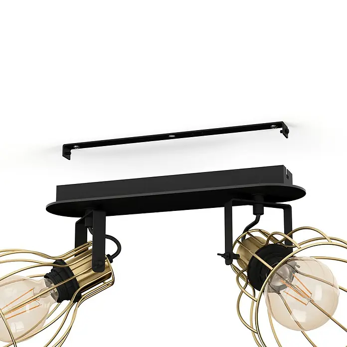 Eglo Sambatello Deckenstrahler - 80 W, L x B x H: 48 x 28 x 26 cm, Schwarz/Messing-gebürstet, E27, 2 Stk. - Nahaufnahme der Deckenleuchte mit zwei Lampen mit goldenen Käfigen und Edison-Glühbirnen für stimmungsvolles Licht.