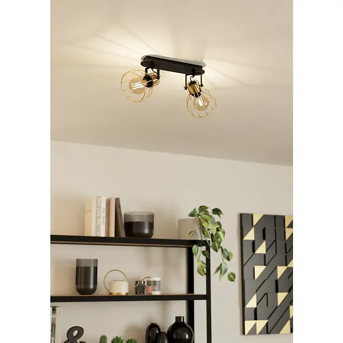 Eglo Sambatello Deckenstrahler - 80 W, L x B x H: 48 x 28 x 26 cm, Schwarz/Messing-gebürstet, E27, 2 Stk. - Eine stilvolle Deckenleuchte mit zwei goldenen Käfiglampen, die ein warmes Licht in den Raum wirft. Perfekt für moderne Interieurs.