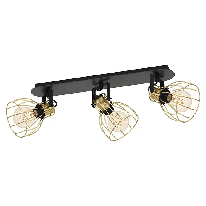 Eglo Sambatello Deckenstrahler - 120 W, L x B x H: 70 x 28 x 26 cm, Schwarz/Messing-gebürstet, E27, 3 Stk. - Eine stilvolle Deckenleuchte mit drei Lampen, jede in einem goldenen Käfig, an einer schwarzen Halterung befestigt.