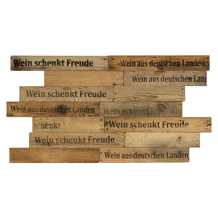 Wodewa Holzriemchen Weinkisten-Design - 480 x 80 mm, Stärke: 6 mm - 7 mm, 16 Stk., 0,5 m² - Eine Wanddekoration aus Holz mit dem Aufdruck "Wein schenkt Freude" und "Wein aus deutschen Landen".