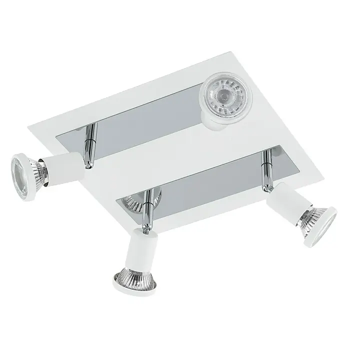 Eglo Sarria Wandstrahler SARRIA - 18 W, Weiß/Chrom, GU10, 4 Stk. - Diese Aufnahme zeigt eine moderne Deckenleuchte mit vier Strahlern und einer quadratischen, weißen Montageplatte mit verchromten Akzenten.