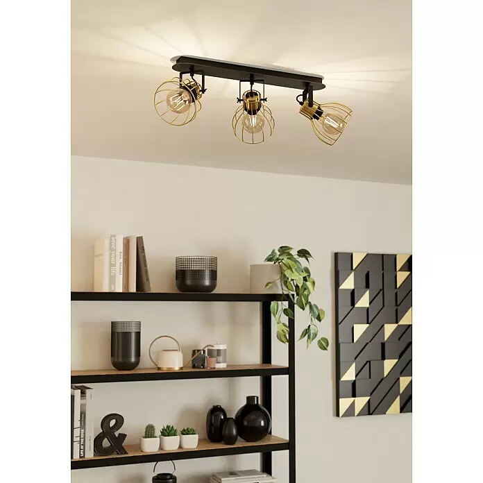 Eglo Sambatello Deckenstrahler - 120 W, L x B x H: 70 x 28 x 26 cm, Schwarz/Messing-gebürstet, E27, 3 Stk. - Stimmungsaufnahme