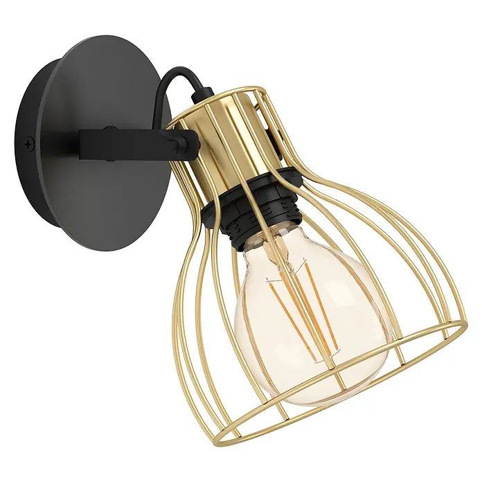 Eglo Sambatello Deckenstrahler - 40 W, L x B x H: 26 x 15 x 22 cm, Schwarz/Messing-gebürstet, E27, 1 Stk. - Wandleuchte mit goldfarbenem Käfigdesign und schwarzer Halterung, ideal für modernes Ambiente.\n
