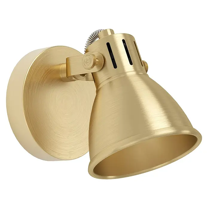Eglo Seras Deckenstrahler SERAS - 3 W, Gold, GU10, 1 Stk. - Nahaufnahme einer goldenen Wandleuchte mit verstellbarem Lampenschirm und dekorativen Details. Die Oberfläche ist gebürstet und verleiht einen eleganten Touch.
