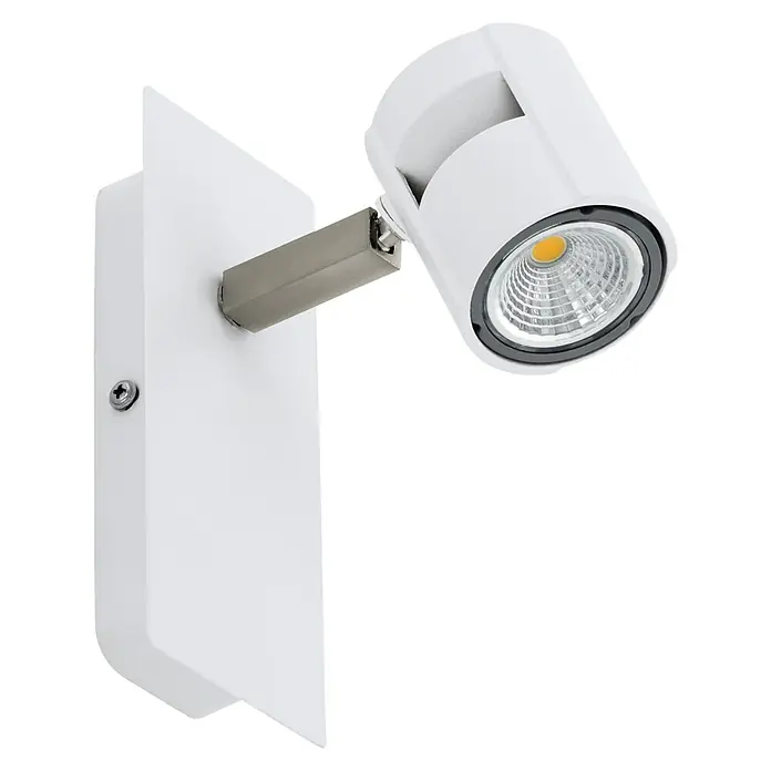Eglo Deckenstrahler VERGIANO - 5 W, Weiß, Silber, GU10, Anzahl Leuchtmittel: 1 Stk. - Nahaufnahme einer modernen weißen LED-Wandleuchte mit schwenkbarem Spotkopf und silbernem Verbindungsarm vor schwarzem Hintergrund.
