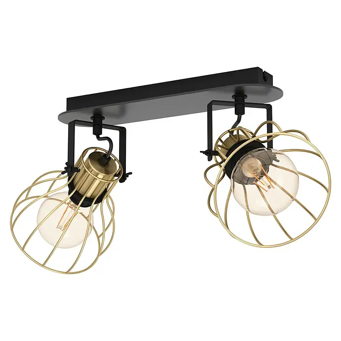 Eglo Sambatello Deckenstrahler - 80 W, L x B x H: 48 x 28 x 26 cm, Schwarz/Messing-gebürstet, E27, 2 Stk. - Zwei-flammige Deckenleuchte mit goldfarbenen Käfigen und schwarzer Aufhängung für ein stilvolles Ambiente.