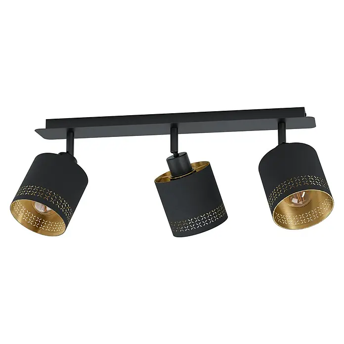 Eglo Esteperra Deckenstrahler ESTEPERRA - 84 W, Schwarz, E27, 3 Stk. - Moderne schwarze Deckenleuchte mit drei goldenen Lampenschirmen, die ein stilvolles Lichtambiente erzeugt.
