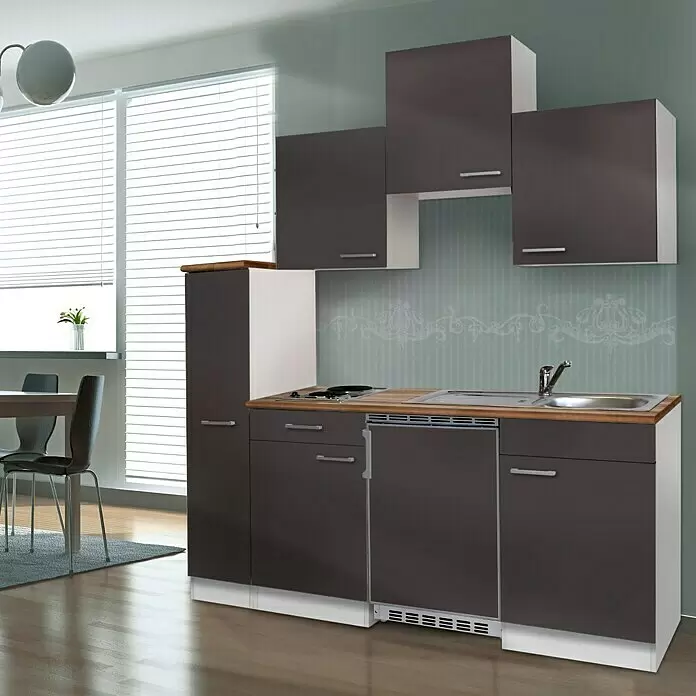Respekta Cocina compacta Luis - Ancho: 180 cm, Gris, Color del cuerpo: Blanco, Placa de cocción doble y frigorífico - Mueble de cocina compacto gris oscuro con encimera de madera, fregadero y vitrocerámica, en cocina moderna.