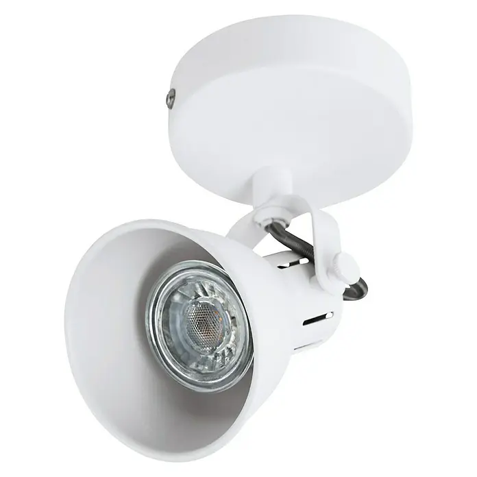Eglo Seras 1 Deckenstrahler SERAS 1 - 3 W, Weiß, GU10, 1 Stk. - Nahaufnahme einer weißen Deckenspotleuchte mit verstellbarem Kopf und eingebauter LED-Lampe vor schwarzem Hintergrund.