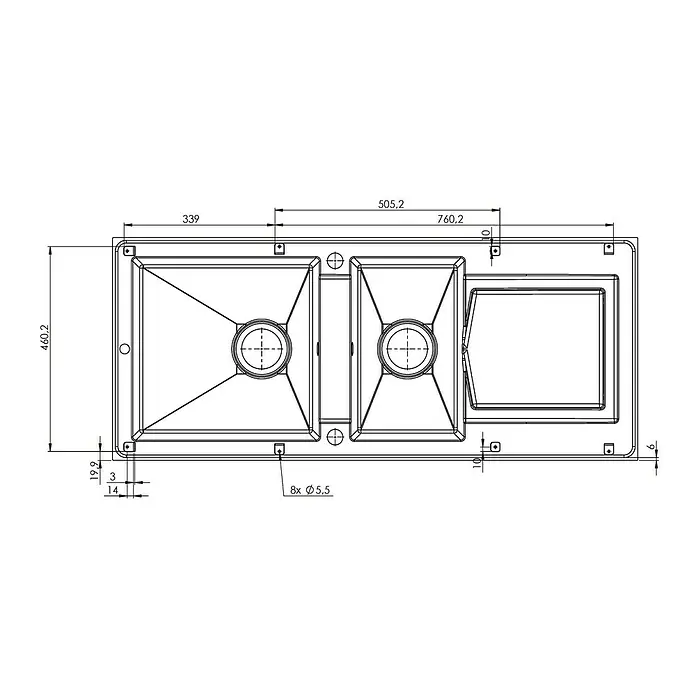 Carea Einbauspüle Eole - 118 x 50 cm, Weiß - Technische Zeichnung einer Doppelspüle mit Abtropffläche und den dazugehörigen Maßen für die Installation.